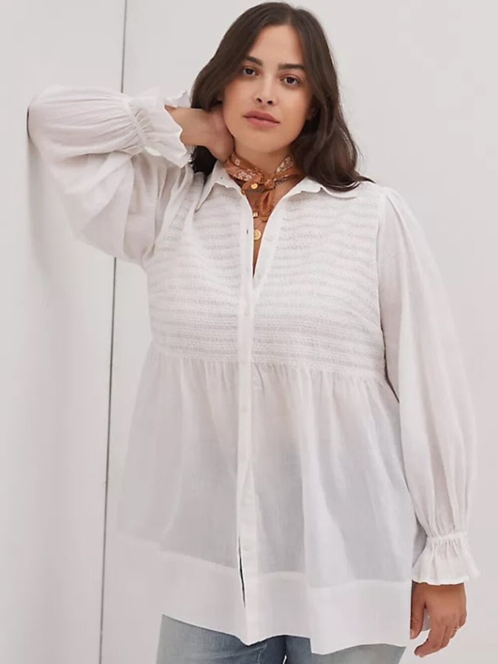 Maeve By Anthropologie Smocked Natural Long Peasant Boho Tunic White Blouse L